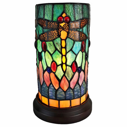 11" Green Brown and Orange Dragonfly Stained Glass Accent Lamp HomeRoots