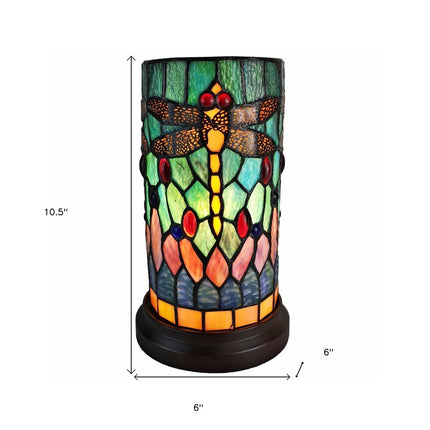 11" Green Brown and Orange Dragonfly Stained Glass Accent Lamp HomeRoots