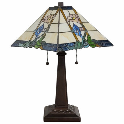22" Dark Brown Metal Two Light Candlestick Table Lamp With Blue and Beige Shade HomeRoots