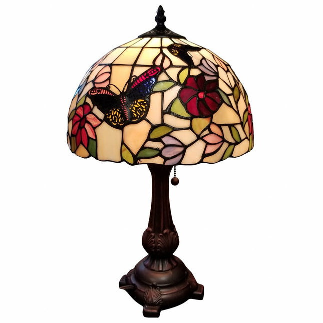 19" Dark Brown Metal Candlestick Table Lamp With Red and Black Dome Shade HomeRoots
