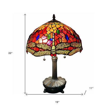 22" Dark Brown Metal Two Light Candlestick Table Lamp With Red and Black Shade HomeRoots
