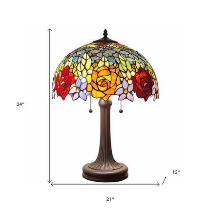 24" Dark Brown Metal Two Light Candlestick Table Lamp With Orange Shade HomeRoots