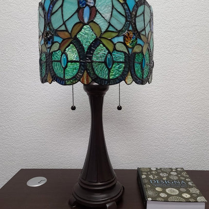 22" Dark Brown Metal Two Light Candlestick Table Lamp With Green Shade HomeRoots
