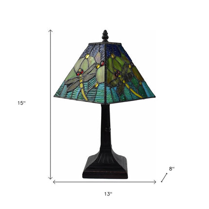 15" Dark Brown Metal Candlestick Table Lamp With Green Empire Shade