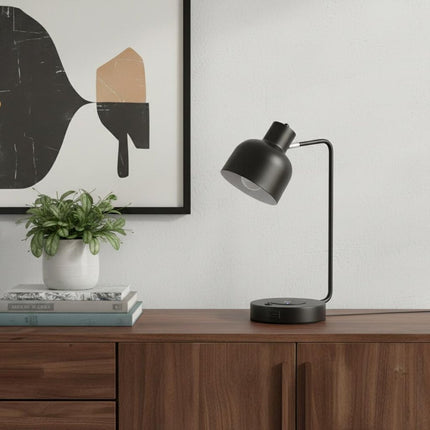15" Black Metal Desk USB Table Lamp With Black Shade HomeRoots