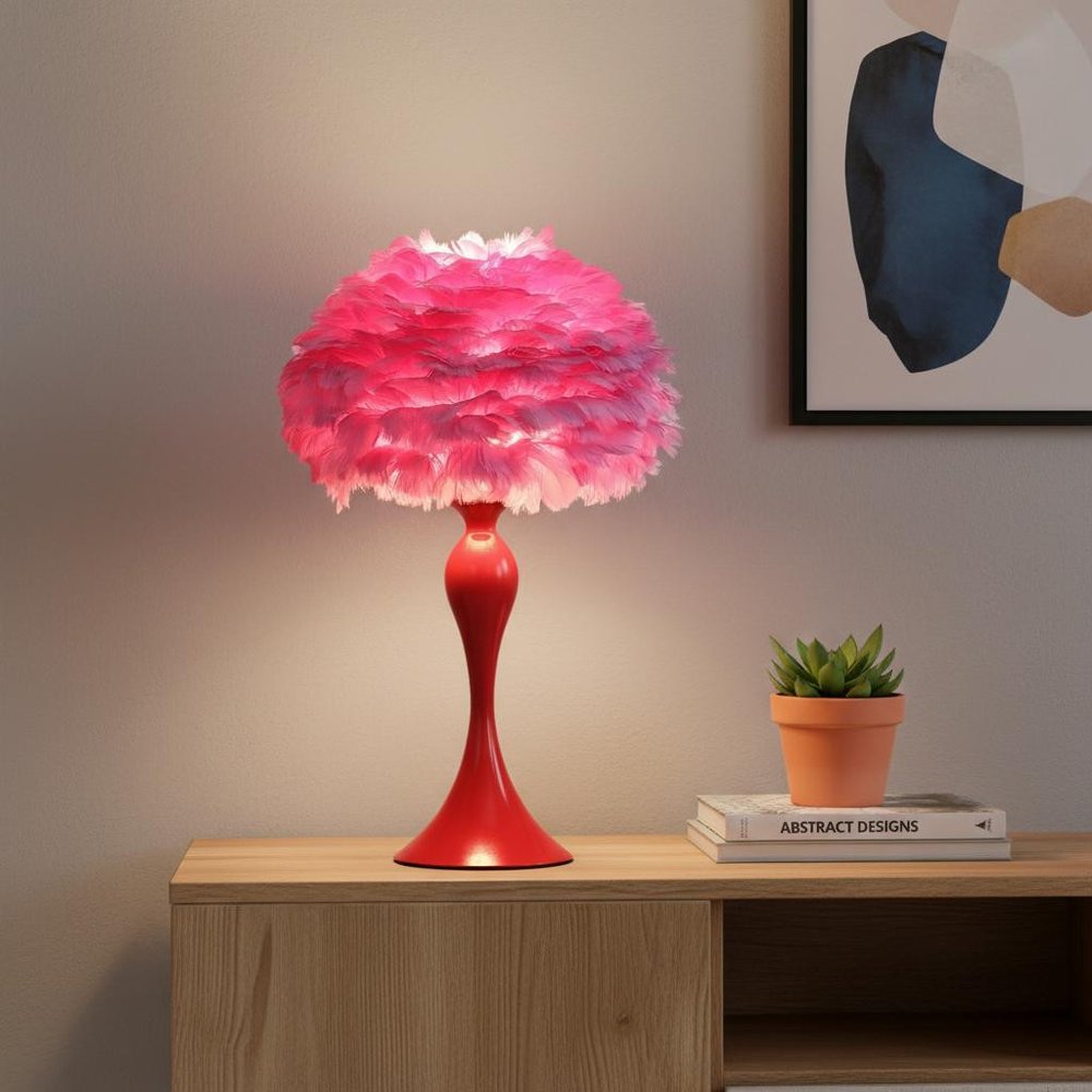 24" Glam Hot Pink Feather and Red Table Lamp