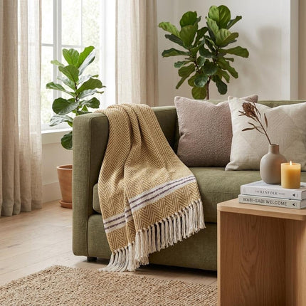 Mustard Woven Cotton Striped Throw Blanket