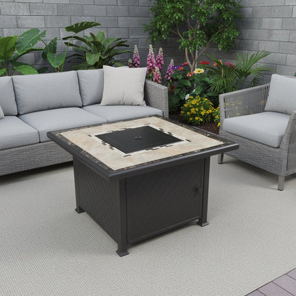 50000 BTU 40" Black And Brown Steel Propane Square Fire Pit Table With Cover HomeRoots