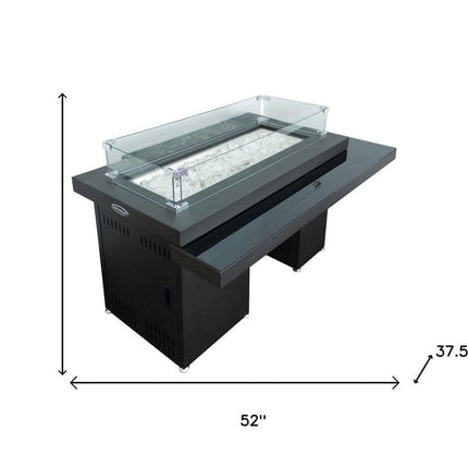 50000 BTU 52" Black And Clear Glass And Steel Propane Rectangular Fire Pit Table With Cover HomeRoots