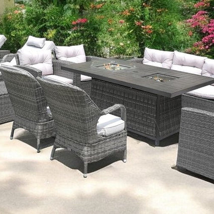 Twelve Piece Outdoor Gray Wicker Multiple Chairs Seating Group Fire Pit Included with White Cushions HomeRoots