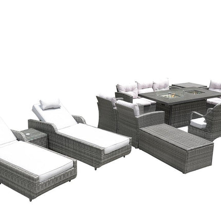 Twelve Piece Outdoor Gray Wicker Multiple Chairs Seating Group Fire Pit Included with White Cushions HomeRoots