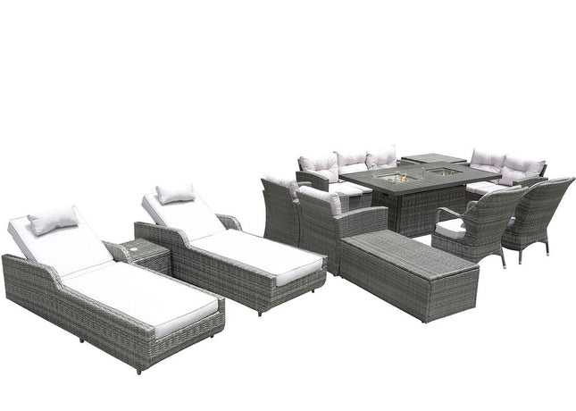 Twelve Piece Outdoor Gray Wicker Multiple Chairs Seating Group Fire Pit Included with White Cushions HomeRoots