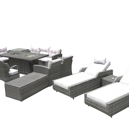 Twelve Piece Outdoor Gray Wicker Multiple Chairs Seating Group Fire Pit Included with White Cushions HomeRoots