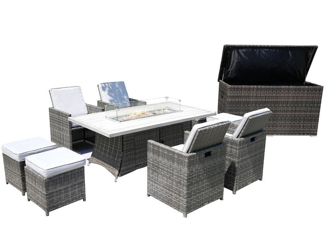 Ten Piece Outdoor Gray Wicker Multiple Chairs Seating Group Fire Pit Included with White Cushions HomeRoots