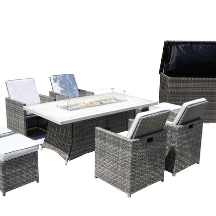 Ten Piece Outdoor Gray Wicker Multiple Chairs Seating Group Fire Pit Included with White Cushions HomeRoots