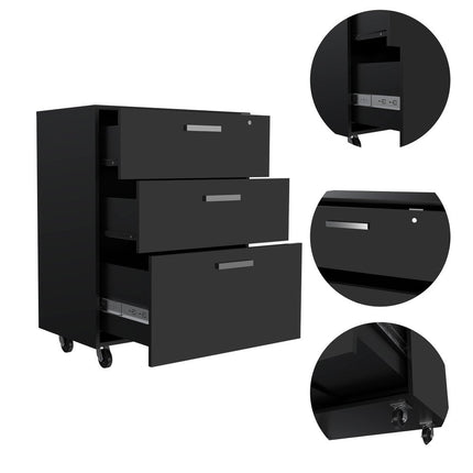 35" Black Wood Three Drawers Filing Cabinet HomeRoots