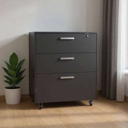 35" Black Wood Three Drawers Filing Cabinet HomeRoots