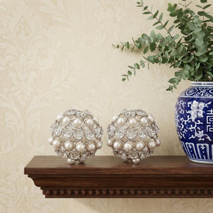 Set of Two Silver And Clear Faux Crystal And Metal Orb Decorative Tabletop Sculptures