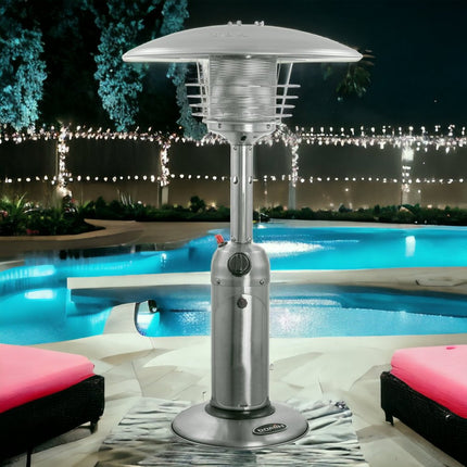 11000 BTU Silver Steel Propane Cylindrical Pole Tabletop Patio Heater HomeRoots