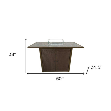 50000 BTU 60" Brown And Clear Glass And Steel Propane Rectangular Fire Pit Table With Cover HomeRoots