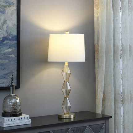 30" Brushed Gold Geo Glass Table Lamp With Shade HomeRoots