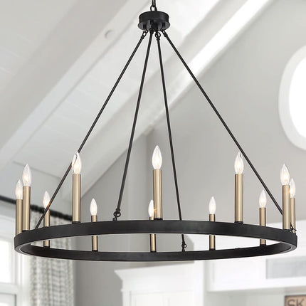 Black And Gold Candle Style Twelve Light Metal Dimmable Chandelier