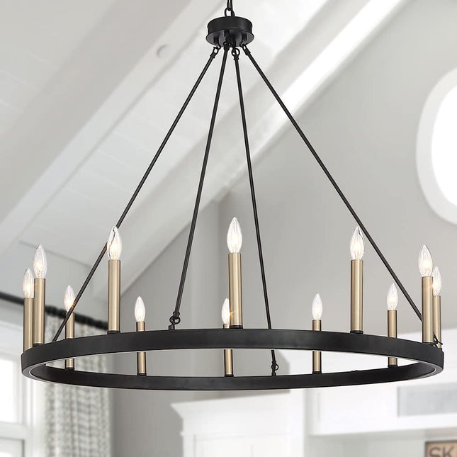 Black And Gold Candle Style Twelve Light Metal Dimmable Chandelier HomeRoots