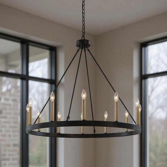 Black And Gold Candle Style Twelve Light Metal Dimmable Chandelier HomeRoots