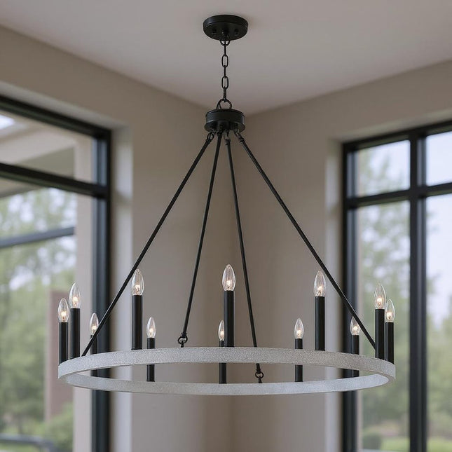 Black And White Candle Style Twelve Light Metal Dimmable Chandelier HomeRoots