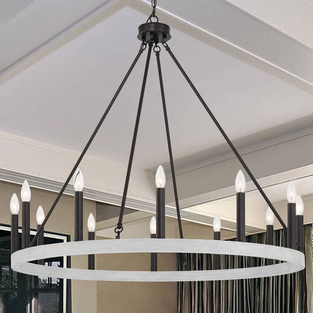 Black And White Candle Style Twelve Light Metal Dimmable Chandelier HomeRoots