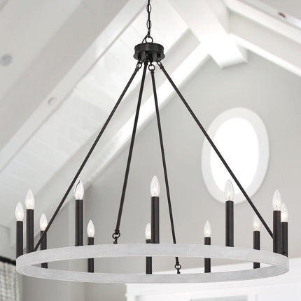 Black And White Candle Style Twelve Light Metal Dimmable Chandelier HomeRoots