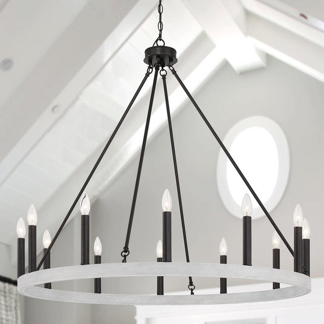 Black And White Candle Style Twelve Light Metal Dimmable Chandelier HomeRoots