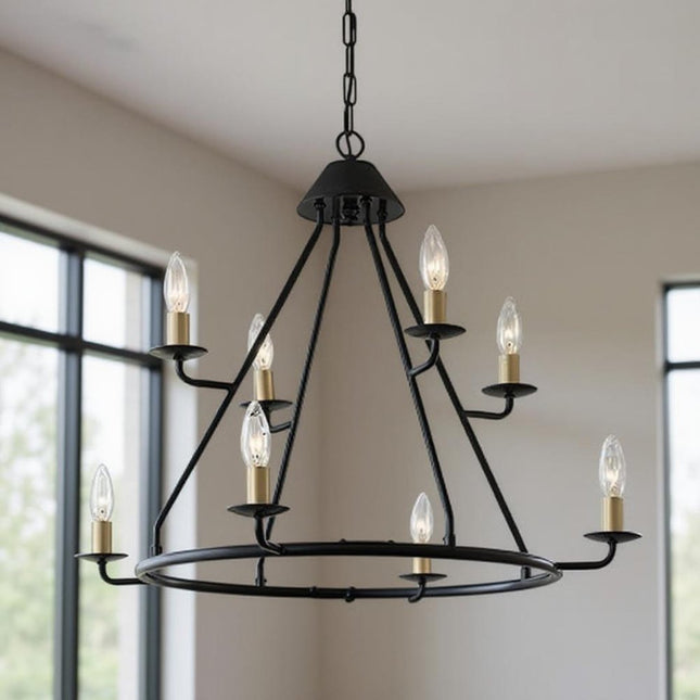 Black And Gold Candle Style Eight Light Metal Dimmable Chandelier HomeRoots