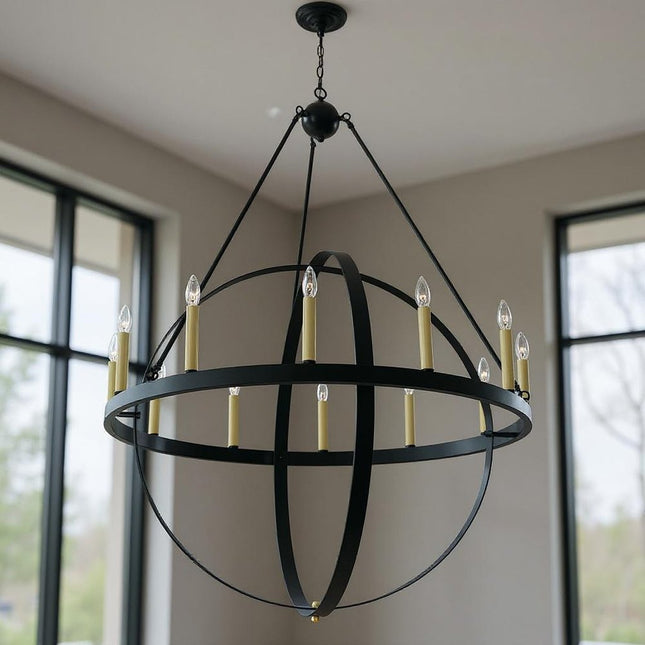 Black And Gold Candle Style Twelve Light Metal Dimmable Chandelier HomeRoots