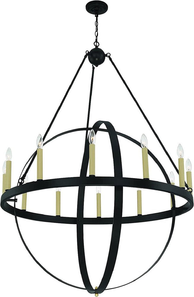Black And Gold Candle Style Twelve Light Metal Dimmable Chandelier HomeRoots