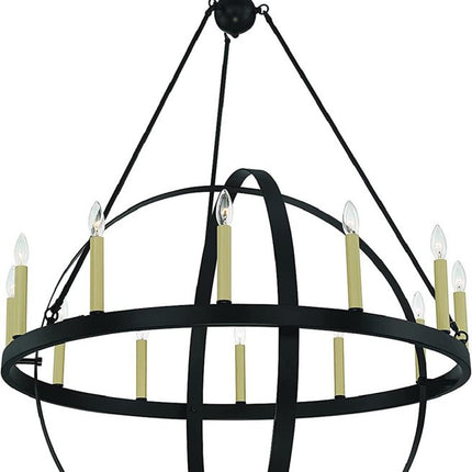 Black And Gold Candle Style Twelve Light Metal Dimmable Chandelier