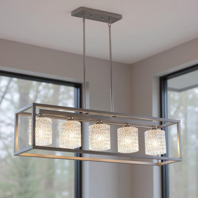 Clear Kitchen Island Five Light Metal Dimmable Chandelier With Clear Shades HomeRoots