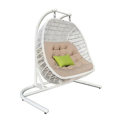 69" Beige and White Metal Indoor Outdoor Swing Chair with Beige Cushion HomeRoots