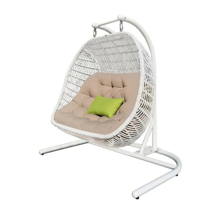 69" Beige and White Metal Indoor Outdoor Swing Chair with Beige Cushion HomeRoots