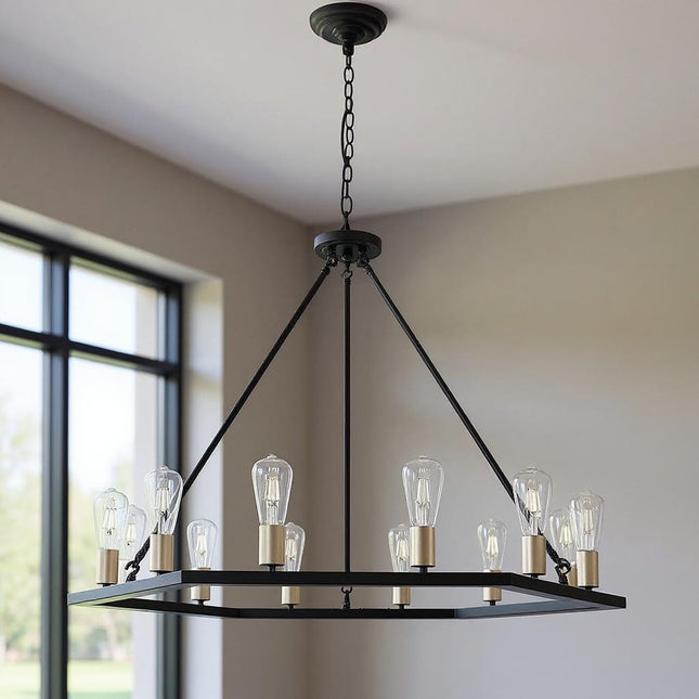 Black And Gold Candle Style Twelve Light Metal Dimmable Chandelier HomeRoots