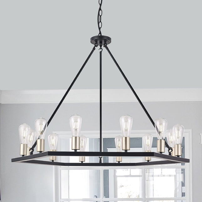 Black And Gold Candle Style Twelve Light Metal Dimmable Chandelier HomeRoots