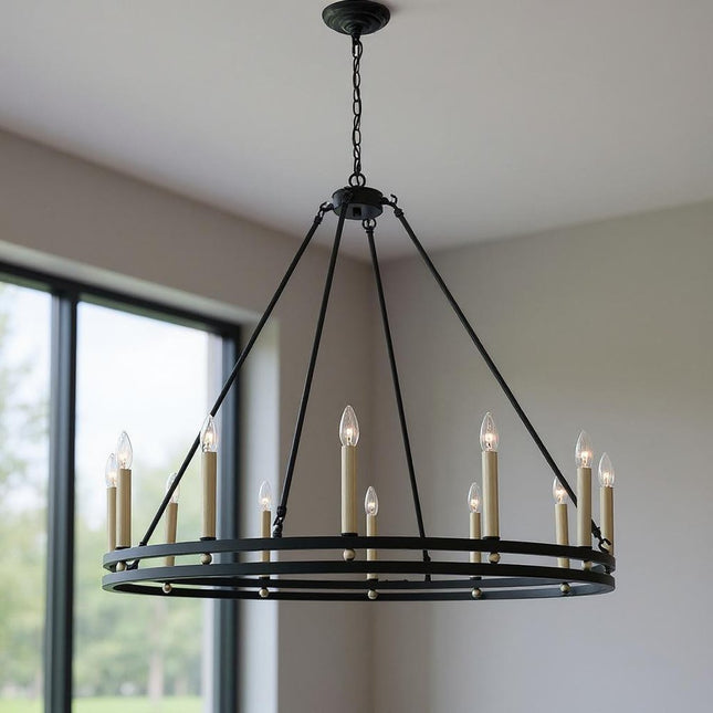 Black And Gold Candle Style Twelve Light Metal Dimmable Chandelier HomeRoots