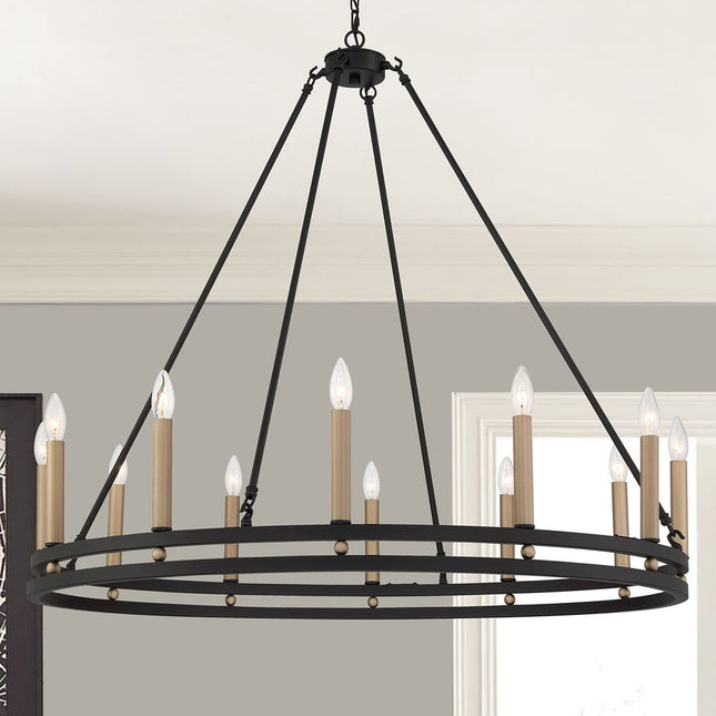 Black And Gold Candle Style Twelve Light Metal Dimmable Chandelier HomeRoots