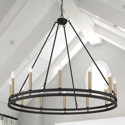 Black And Gold Candle Style Twelve Light Metal Dimmable Chandelier