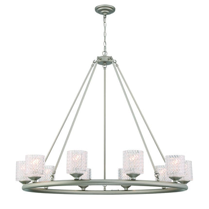 Silver Shaded Ten Light Metal Dimmable Chandelier With White Shades