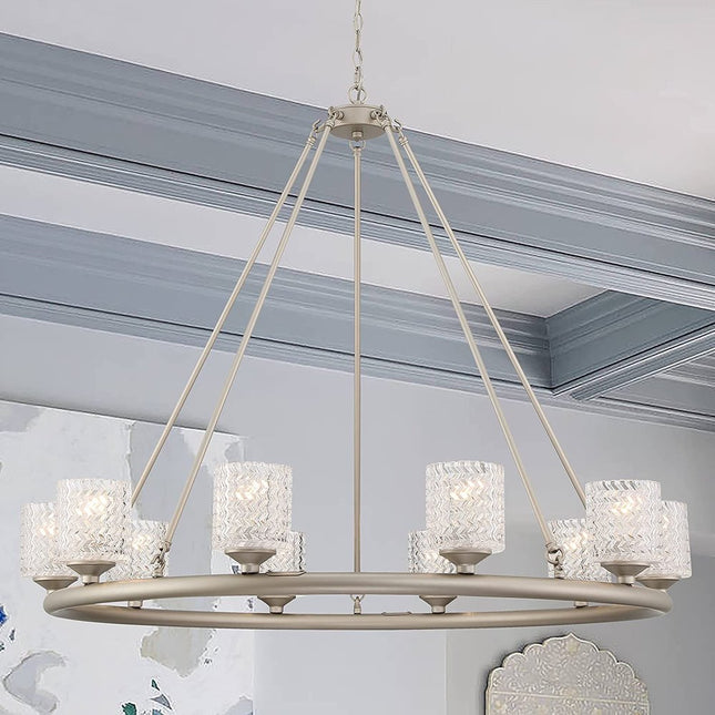 Silver Shaded Ten Light Metal Dimmable Chandelier With White Shades HomeRoots