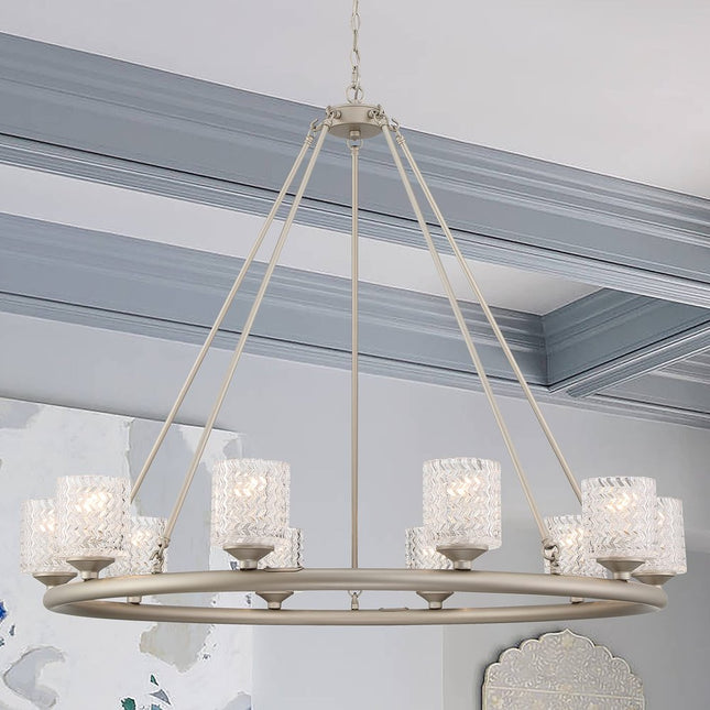 Silver Shaded Ten Light Metal Dimmable Chandelier With White Shades HomeRoots
