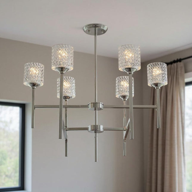 Silver Candle Style Six Light Metal Dimmable Chandelier With Clear Shades HomeRoots