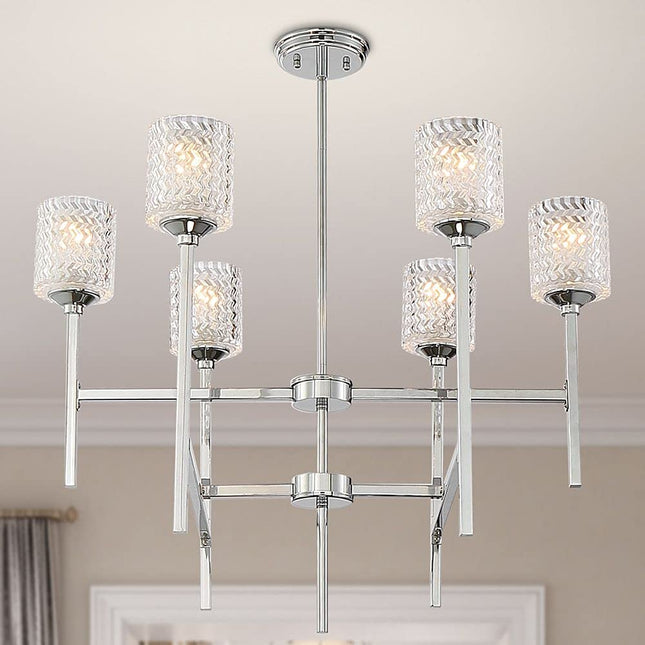 Silver Candle Style Six Light Metal Dimmable Chandelier With Clear Shades