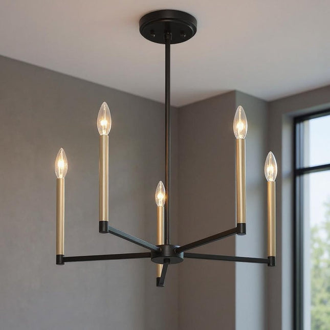 Black And Gold Candle Style Five Light Metal Dimmable Chandelier HomeRoots